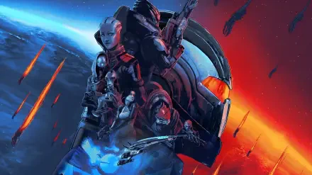 Mass Effect 5 game art 2K Quad HD PC wallpaper showing an armored helmeted soldier and alien ally back-to-back over a blue planet horizon with a fiery red nebula and streaking debris, weapons ready.