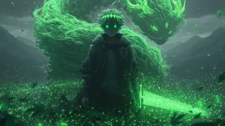 Green-toned Black Clover 2K Quad HD PC desktop wallpaper: Asta in a dark cloak with glowing green eyes and a spectral beast behind him, wielding a luminous green sword.