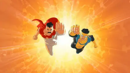 Mortal Kombat 2 (2026) 5K Ultra HD PC wallpaper — two fighters surge forward through a blazing orange explosion, dynamic comic-style action with bold silhouettes.