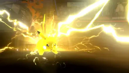 Pikachu crackling with golden lightning in a stadium — vibrant HD PC desktop wallpaper and background from Pokémon Champions.