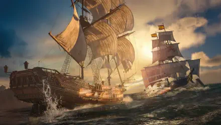Assassin's Creed Black Flag Resynced 4K Ultra HD PC desktop wallpaper: dramatic Sea War with pirate ships exchanging cannon fire amid stormy seas.