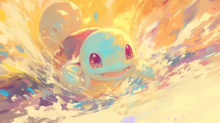 Squirtle (Pokémon) anime-style splashing through bright, painterly water; vibrant colors and dynamic brushstrokes. 2K Quad HD PC desktop wallpaper background.