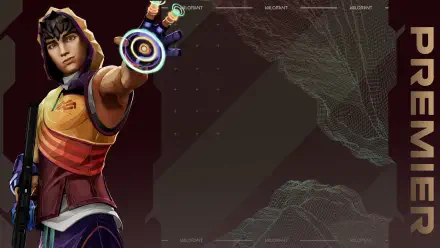 Valorant agent Miks in a colorful hoodie aims an energy ring at the viewer, left foreground; dark maroon HD PC desktop wallpaper with wireframe terrain and HUD elements on the right.