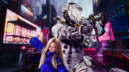 5K Ultra HD PC wallpaper from Capcom's video game Pragmata: armored Space Dad aims a rifle beside Diana in a blue coat, neon cyberpunk city streets at night.