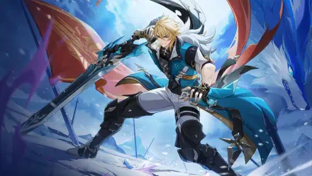 4K Ultra HD PC wallpaper of Varka from the video game Genshin Impact — blonde warrior in blue armor wielding a broadsword amid icy, wind-blown battlefield.