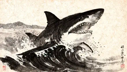 Monochrome ink-style Megalodon breaching stormy waves with a distant coastline — 4K Ultra HD PC desktop wallpaper and background.