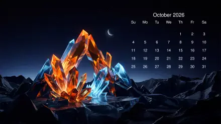 October 2026 calendar over a 5K Ultra HD PC desktop wallpaper showing glowing orange and blue crystal formations on a dark rocky landscape beneath a crescent moon.