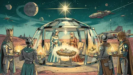 Futuristic nativity scene 4K Ultra HD PC desktop wallpaper and background: Mary, Joseph and infant in a glass dome on an alien landscape beneath a bright star, with astronauts and starships.