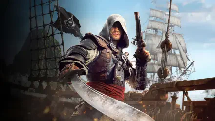 Assassin's Creed Black Flag Resynced 4K Ultra HD PC desktop wallpaper — hooded pirate assassin with pistol and cutlass standing on a sailing ship beneath full sails and a Jolly Roger.