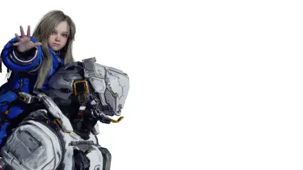 Pragmata 4K Ultra HD PC desktop wallpaper: young woman in futuristic white mech armor reaching out on a clean white background.