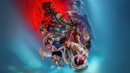 Street Fighter (2026) 5K Ultra HD PC desktop wallpaper: multiple fighters in dynamic action poses against a dramatic red and blue gradient.