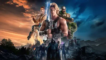 5K Ultra HD PC desktop wallpaper of Masters of the Universe (2026): central muscular hero with a glowing sword, flanked by allies and armored villains against a dramatic stormy sunset sky.