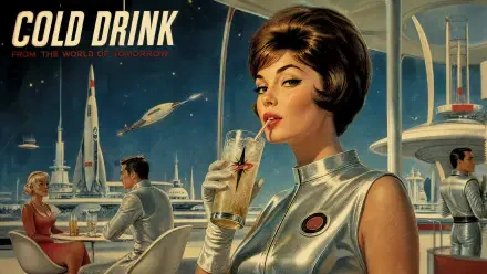 Retro-futuristic woman sipping a cold drink in a sleek space lounge — 4K Ultra HD PC desktop wallpaper and background with rockets and mid-century sci‑fi style.
