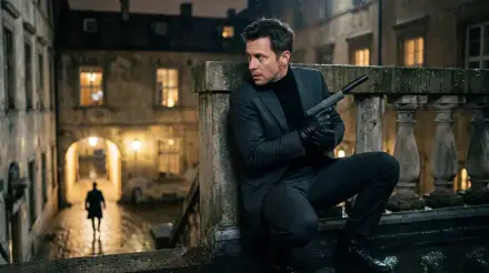 Secret Agent 5K Ultra HD PC desktop wallpaper: a suited agent crouches on a stone balcony at night, gun in hand, surveilling a lone figure on a wet cobblestone street.