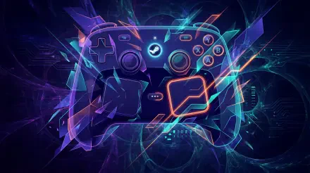 Neon-lit Steam controller and gamepad silhouette amid electric circuits and energy streaks — 5K Ultra HD PC desktop wallpaper/background.