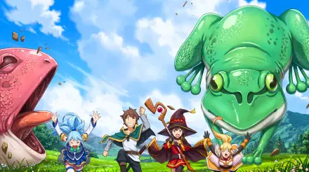 5K Ultra HD desktop wallpaper from KonoSuba - God’s blessing on this wonderful world!! featuring Kazuma Satou, Megumin and Aqua in a bright field with a giant frog and monsters.