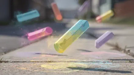 Vivid 4K Ultra HD PC desktop wallpaper and background showing colorful sidewalk chalk sticks suspended mid-air above a sunlit concrete sidewalk with chalk dust and faint drawings.