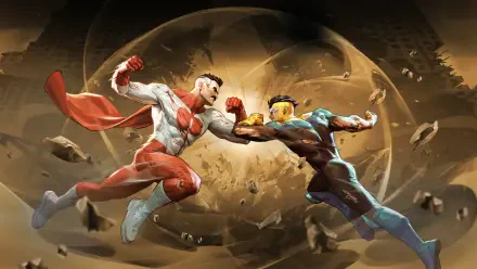2K Quad HD video game PC wallpaper: Invincible vs Omni-Man (Invincible 2006) midair clash, capes and debris swirling in a shattered energy ring.