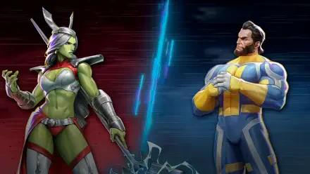 HD PC desktop wallpaper background: video game Invincible VS showdown — green armored, axe-wielding warrior faces a yellow-blue superpowered hero across a crackling energy rift.