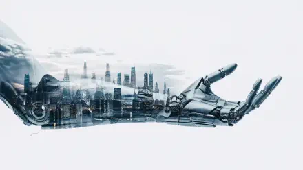 Cybernetic arm with a translucent cityscape embedded along the forearm, sleek metallic hand on a pale backdrop — 4K Ultra HD PC desktop wallpaper and background.