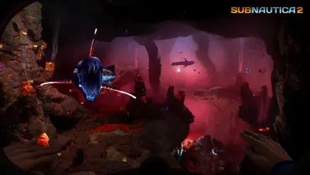 Subnautica 2 video game 4K Ultra HD PC wallpaper: crimson bioluminescent underwater cavern with rock pillars and a menacing fish.