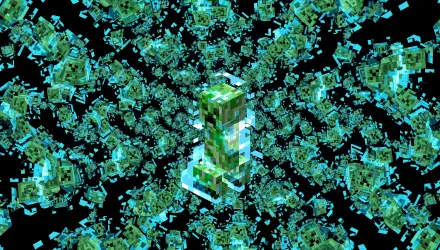 4K Ultra HD PC desktop wallpaper: Creeper (Minecraft) composed of green-blue pixel blocks, surrounded by floating fragmented cubes on a black background.