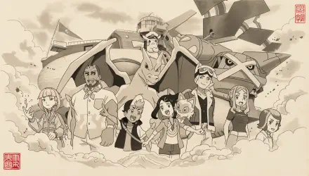 Sepia group portrait of Pokémon Horizons: The Series characters with flying Pokémon, presented as a 4K Ultra HD PC Desktop Wallpaper and Background.
