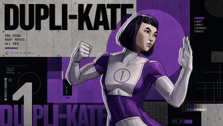 Dupli-Kate 4K Ultra HD PC desktop wallpaper and background: stylized heroine in purple suit and bob haircut poses with raised fists against a graphic tech backdrop.