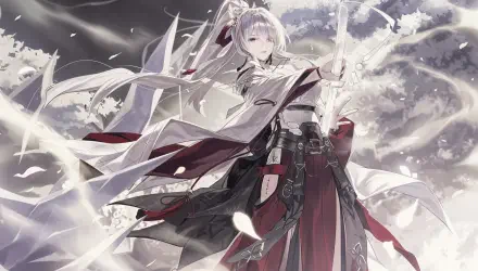 Hiyuki (Wuthering Waves) in flowing red-and-black robes, white hair and sword amid swirling petals and mist — 4K Ultra HD PC desktop wallpaper.