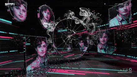 4K Ultra HD PC desktop wallpaper and background: neon cyberpunk scene with holographic glitch portraits orbiting a shattered glass globe, smoky data fragments and magenta-cyan light trails.