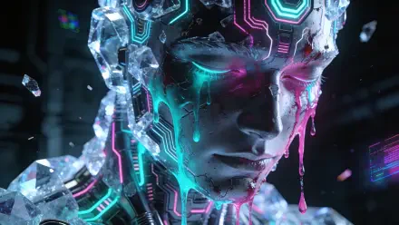 4K Ultra HD PC desktop background of a sad cybernetic face, neon teal and magenta tears streaming from cracked glass skin, futuristic circuits glowing in the dark.