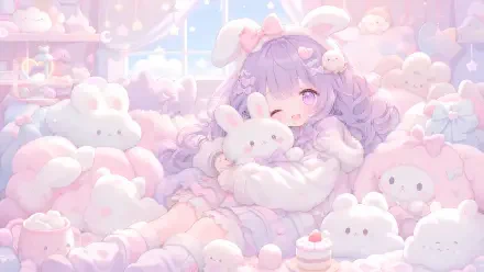Cute pastel 4K Ultra HD PC desktop wallpaper: a cute kawaii purple-haired girl cuddling a fluffy white bunny among dozens of plush bunnies in a dreamy pink, cloudlike room.