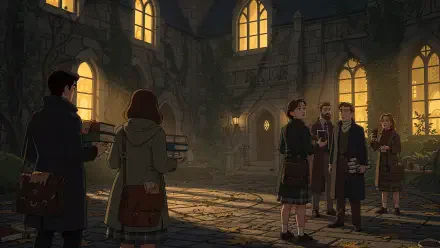 Dark academia 4K Ultra HD PC desktop wallpaper background: students in coats gathered in a moonlit Gothic courtyard, warm window light, ivy-draped stone and shadowed arches.