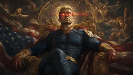 Homelander seated on an ornate throne with glowing red eyes and an American flag backdrop — dramatic 4K Ultra HD PC desktop wallpaper and background.