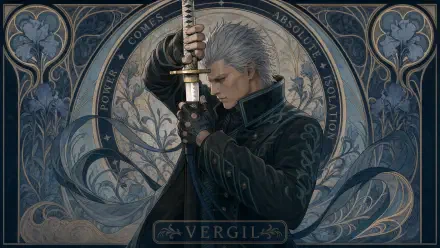 Vergil (Devil May Cry) holding a katana in profile against ornate blue-gray filigree — 4K Ultra HD PC desktop wallpaper background.