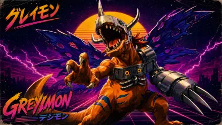 Greymon (Digimon) 4K Ultra HD PC wallpaper: roaring Greymon with metallic arm cannon and torn wings against a neon sunset and crackling lightning sky.