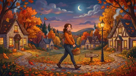 October aesthetic 5K Ultra HD PC desktop wallpaper: cozy village at dusk with crescent moon, lamplight, colorful autumn trees, and a woman in a scarf walking with a basket down a leaf-strewn lane.
