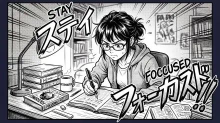 Manga-style 5K Ultra HD PC desktop wallpaper and background: intense student studying at a cluttered desk, bold STAY FOCUSED comic text in Japanese and English, monochrome.