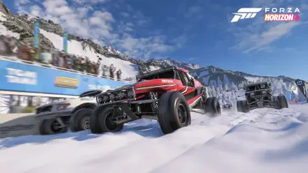 Forza Horizon 6 4K Ultra HD PC desktop wallpaper: off-road buggies racing through deep snow in a mountain pass under a bright blue sky, Forza Horizon logo in the top-right.