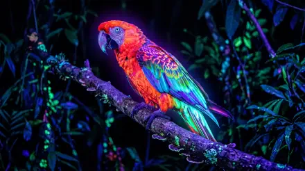 Vibrant neon macaw perched on a mossy branch against dark tropical foliage — 5K Ultra HD PC Desktop Wallpaper and Background, high-contrast bird close-up.