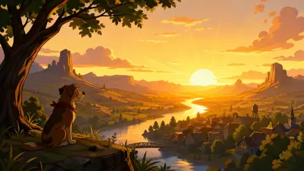 4K Ultra HD PC desktop wallpaper and background: golden sunrise spills over a river valley, warm light on a village and mesas as a dog sits on a hill watching the glow.