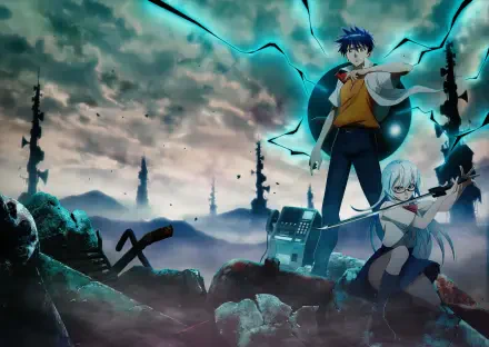 Anime Psyren 2K Quad HD PC desktop wallpaper: blue-haired youth with glowing orb and white-haired girl with a weapon stand amid a ruined landscape, jagged towers under a stormy sky.