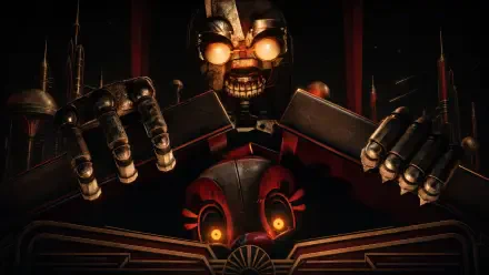 Five Nights at Freddy's: Secret of the Mimic 4K Ultra HD PC desktop wallpaper — skeletal animatronic with glowing eyes and metal hands looming over a red animatronic face.