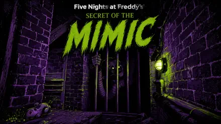 Five Nights at Freddy's: Secret of the Mimic 4K Ultra HD PC wallpaper — shadowy animatronic with glowing eyes clutching cell bars in a purple-green sewer corridor lit by a flickering lamp.