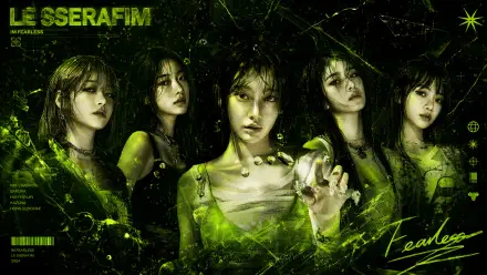 4K Ultra HD PC desktop wallpaper of five women in edgy neon-green outfits, dramatic poses amid shattered-glass effects and a dark, futuristic background.