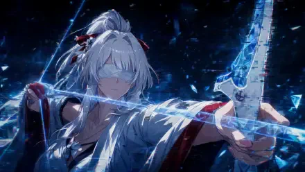 Hiyuki (Wuthering Waves) drawing a glowing ice bow amid shards and snow, blindfolded in a dynamic night scene — 4K Ultra HD PC desktop wallpaper and background.