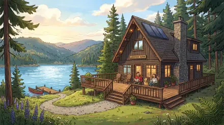 5K Ultra HD PC desktop wallpaper of a lakeside vacation home: wooden cabin on a deck with people, docked canoes, pine forest and mountains at sunset.