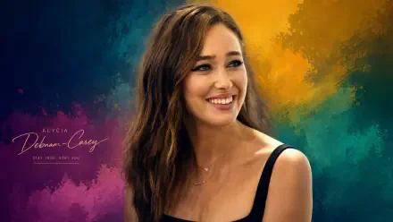 Smiling woman with wavy brown hair in a black top against a vivid teal‑orange‑pink abstract backdrop — 4K Ultra HD PC desktop wallpaper/background, tagged with a celebrity name.