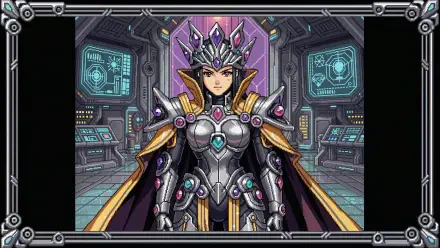 4K Ultra HD PC desktop wallpaper of a sci-fi queen in ornate armored exosuit and jeweled crown, standing in a futuristic command throne room.