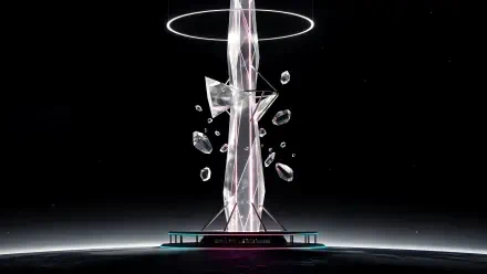 4K Ultra HD PC desktop wallpaper and background: a crystalline space elevator rising from a curved planetary horizon, encircled by a glowing ring and scattered floating shards.